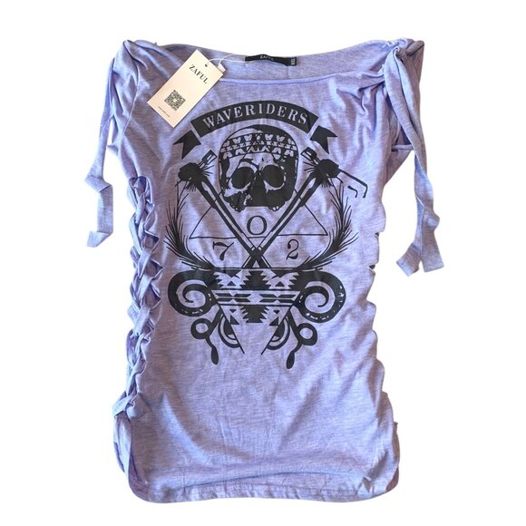 ZAFUL Blue + Black Skull Print Braided Shredded Cap Sleeve T-Shirt NWT Size XXL - Picture 3 of 8